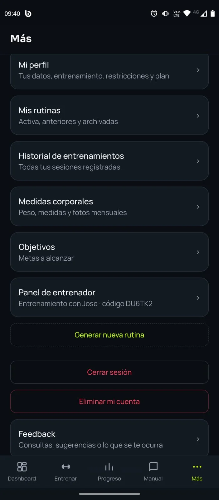 Sección Más de la app de Solo GYM