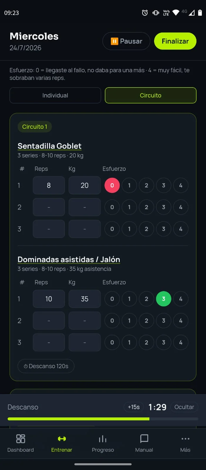Registro de entrenamiento en Solo GYM