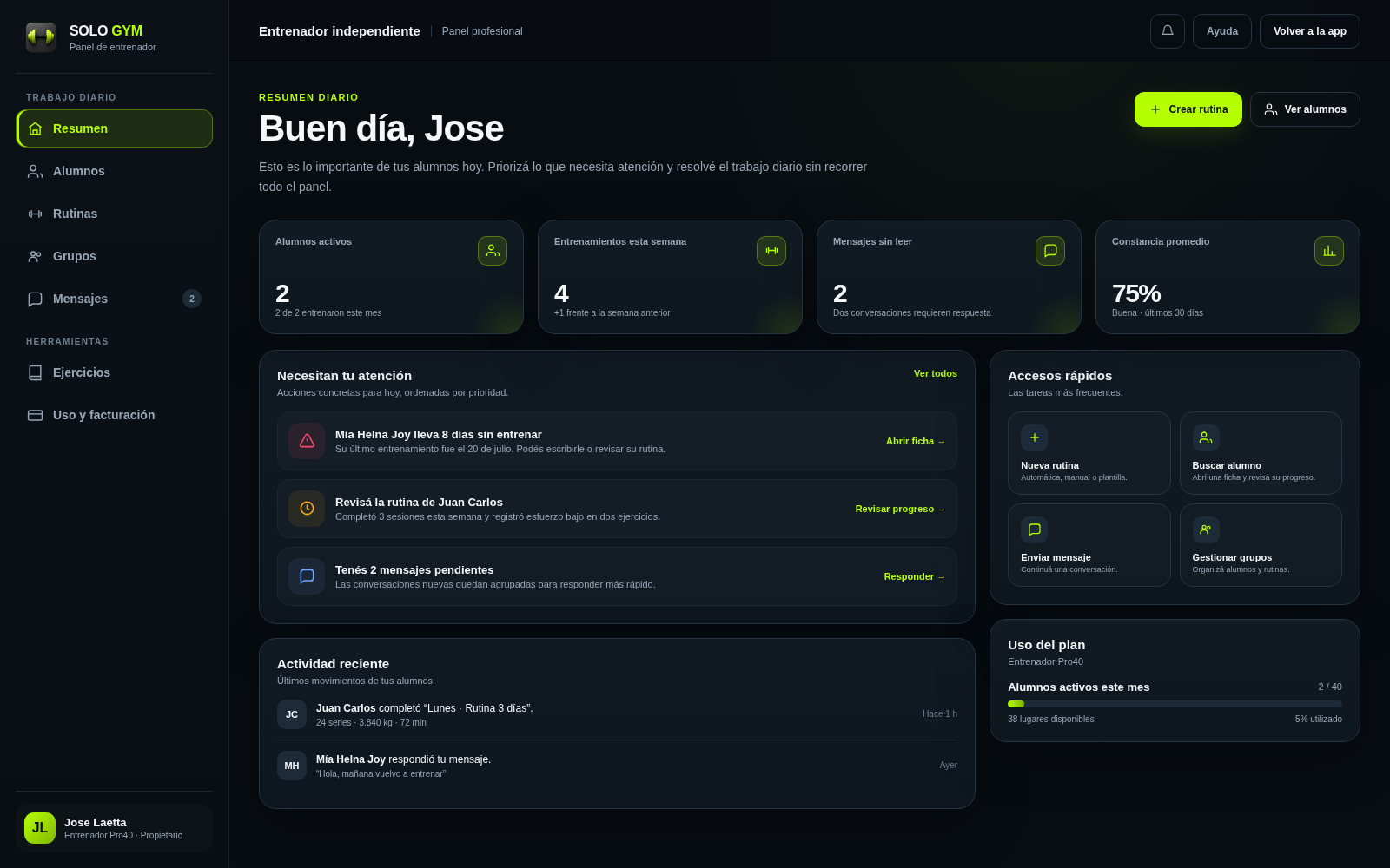 Panel de entrenador de Solo GYM en computadora, con datos de demostración